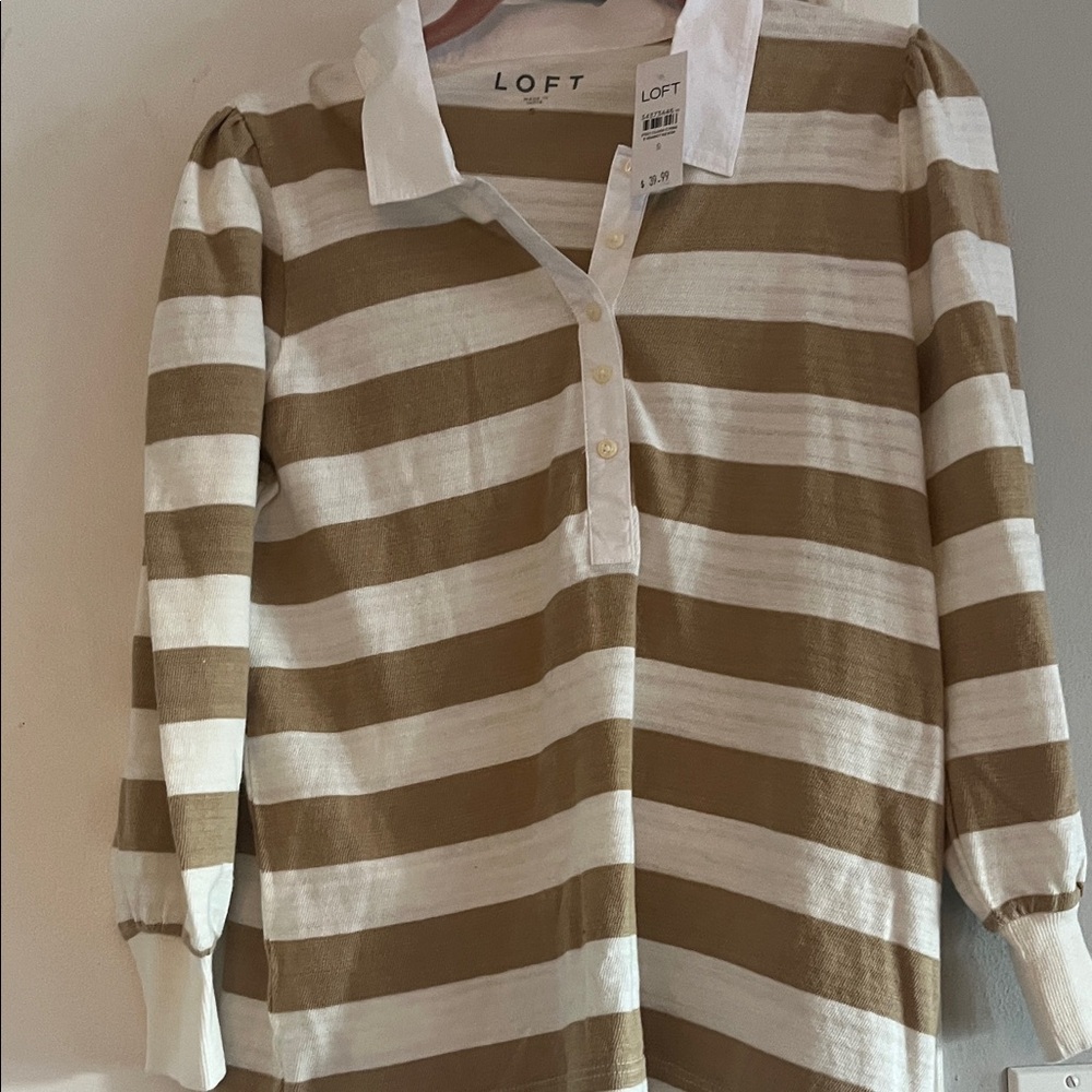LOFT Tan and White Striped Long Sleeve top.